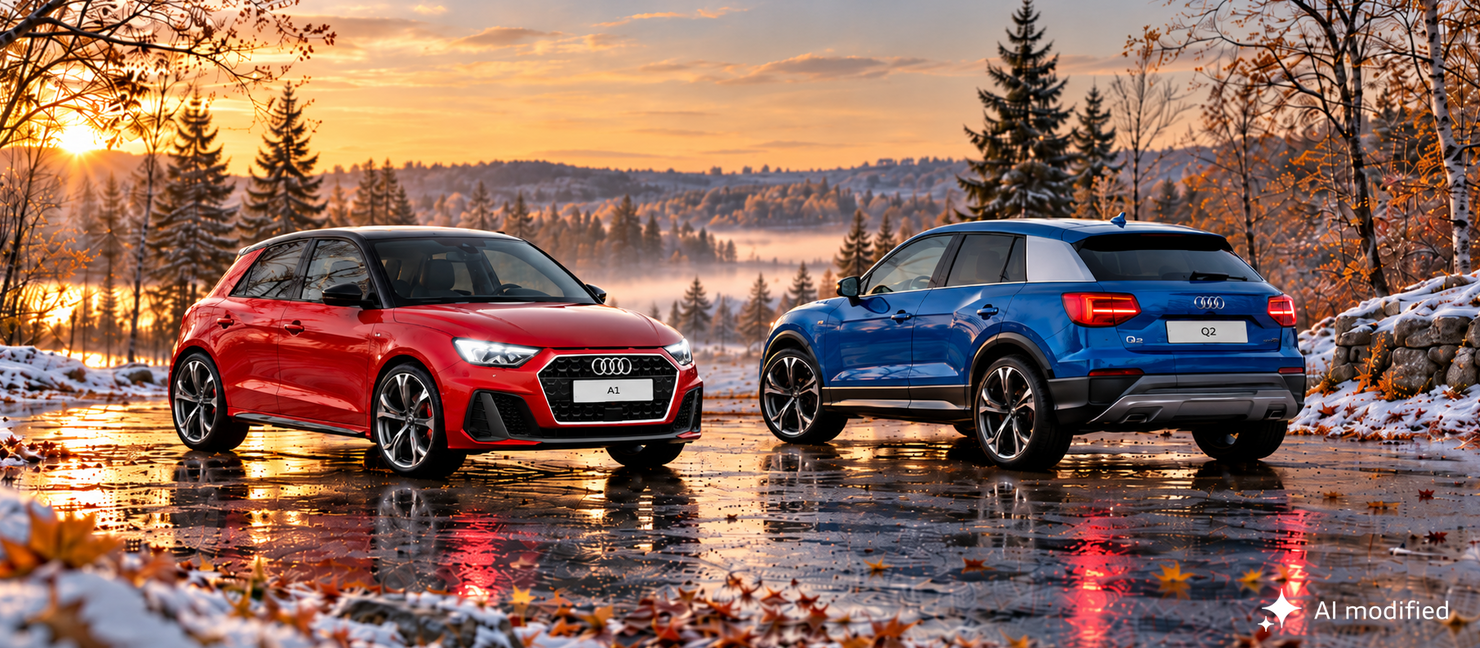 Roter Audi A1 und blauer Audi Q2 am winterlichen Seeufer bei Sonnenuntergang