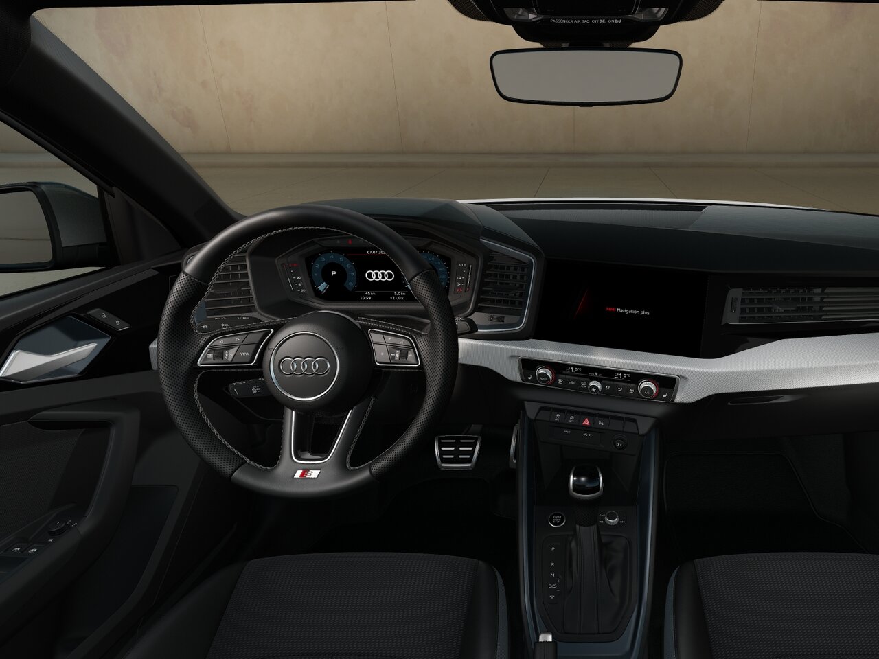 Cockpit des Audi A1 mit Multifunktionslenkrad, digitalem Kombiinstrument, zentralem Display und Mittelkonsole in Frontansicht