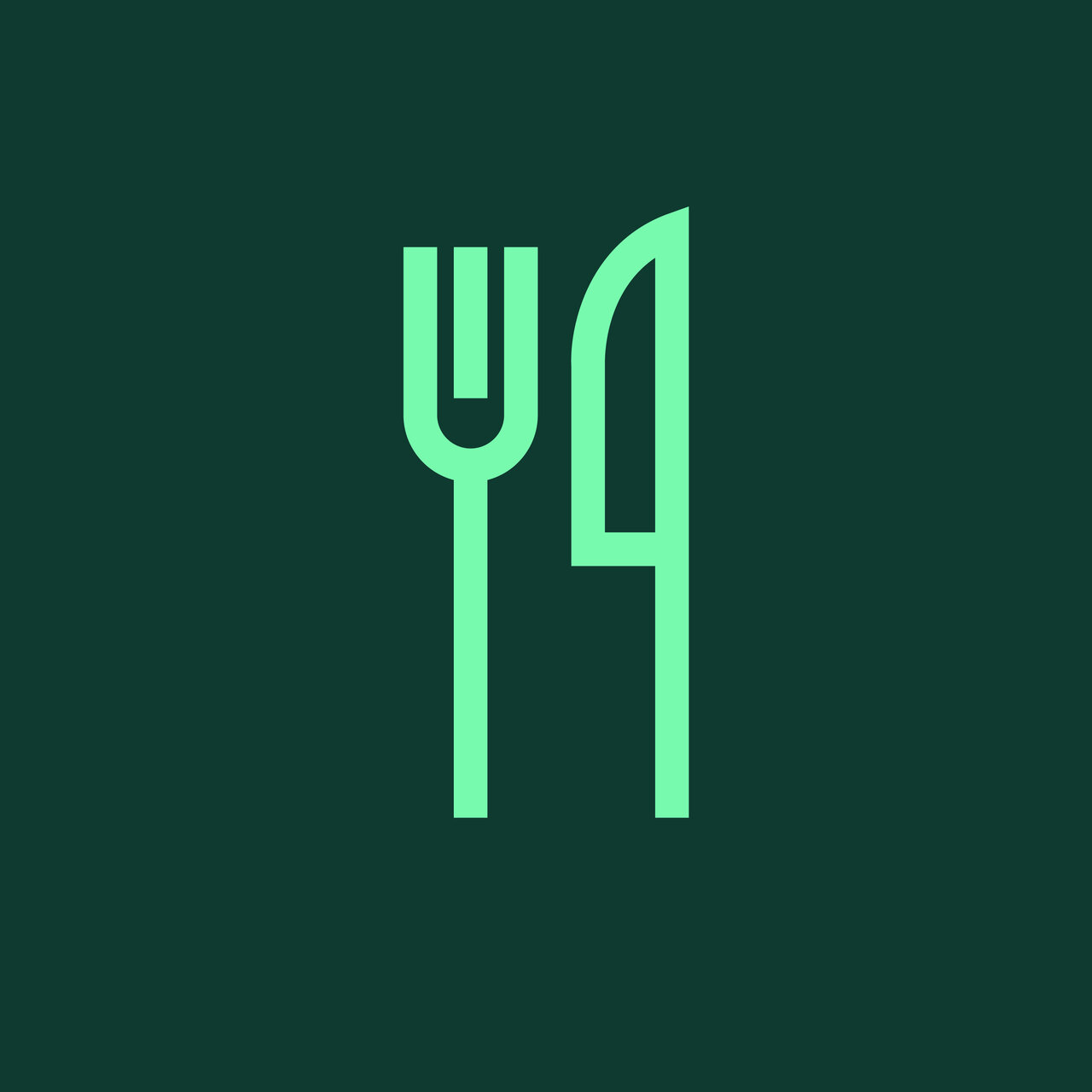 Grünes Symbole Gabel und Messer auf dunkelgrünem Hintergrund
