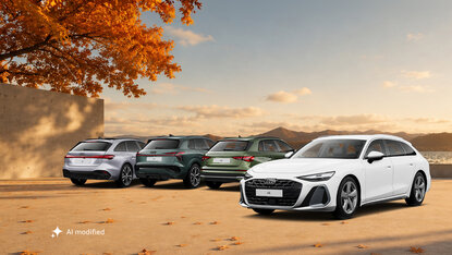 Audi A3, Q3, A5 und A6 stehen auf einer herbstlichen Terrasse vor Berglandschaft und orangefarbenem Laub