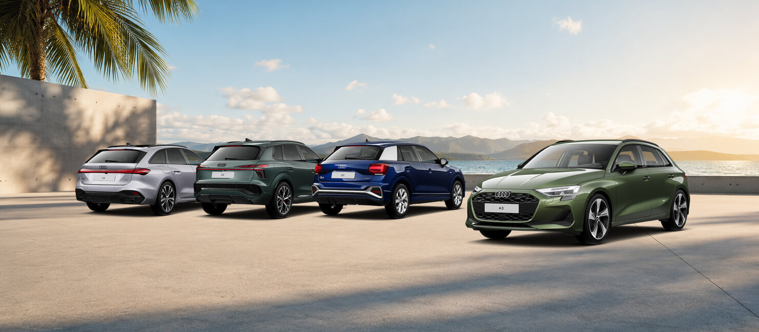 Mehrere Audi Gebrauchtwagen stehen auf einem Platz vor Küstenkulisse bei Sonnenuntergang und Palmen im Hintergrund