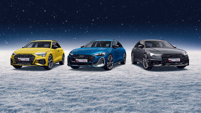 Drei Audi Modelle in Gelb, Blau und Schwarz stehen nebeneinander auf schneebedecktem Boden unter klarem Nachthimmel
