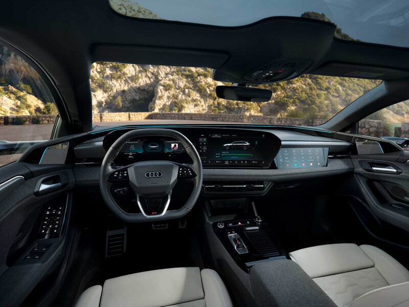 Innenraum des Audi A6 Avant e-tron mit Panorama-Display, Head-up-Display und hochwertigem, digitalem Cockpit