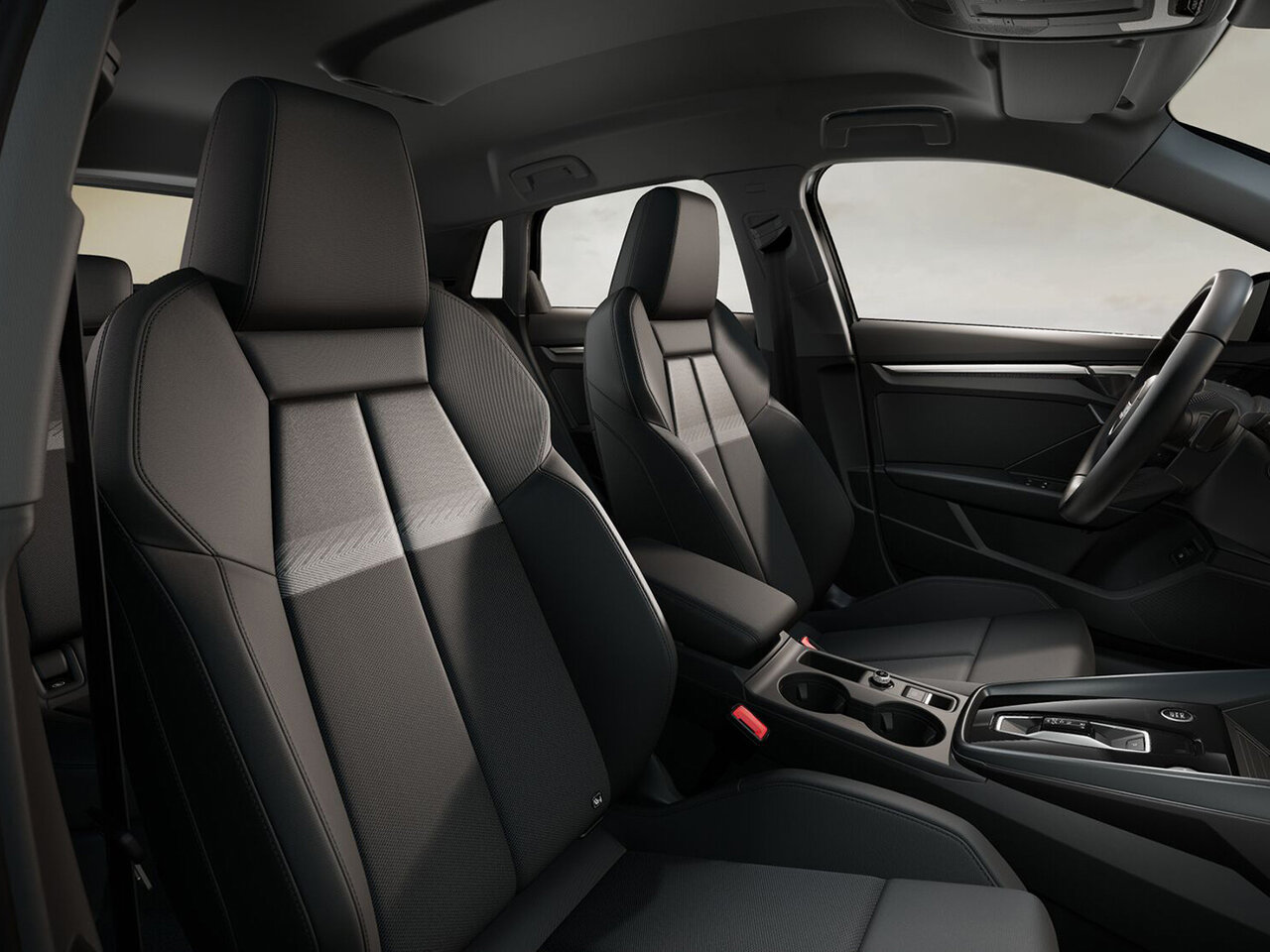 Innenraum des Audi A3 Sportback TFSIe mit Blick auf Vordersitze, Mittelkonsole und Armaturenbrett aus Beifahrerperspektive