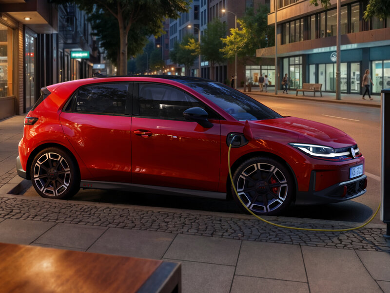 Volkswagen ID. Polo GTI in Rot aus Seitenperspektive auf urbaner Straße bei Abendbeleuchtung vor moderner Architektur