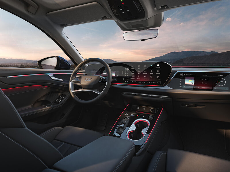 Innenraum der Audi A6 Limousine mit digitalem Cockpit, zwei Touchscreens und hochwertigem, modernem Interieur