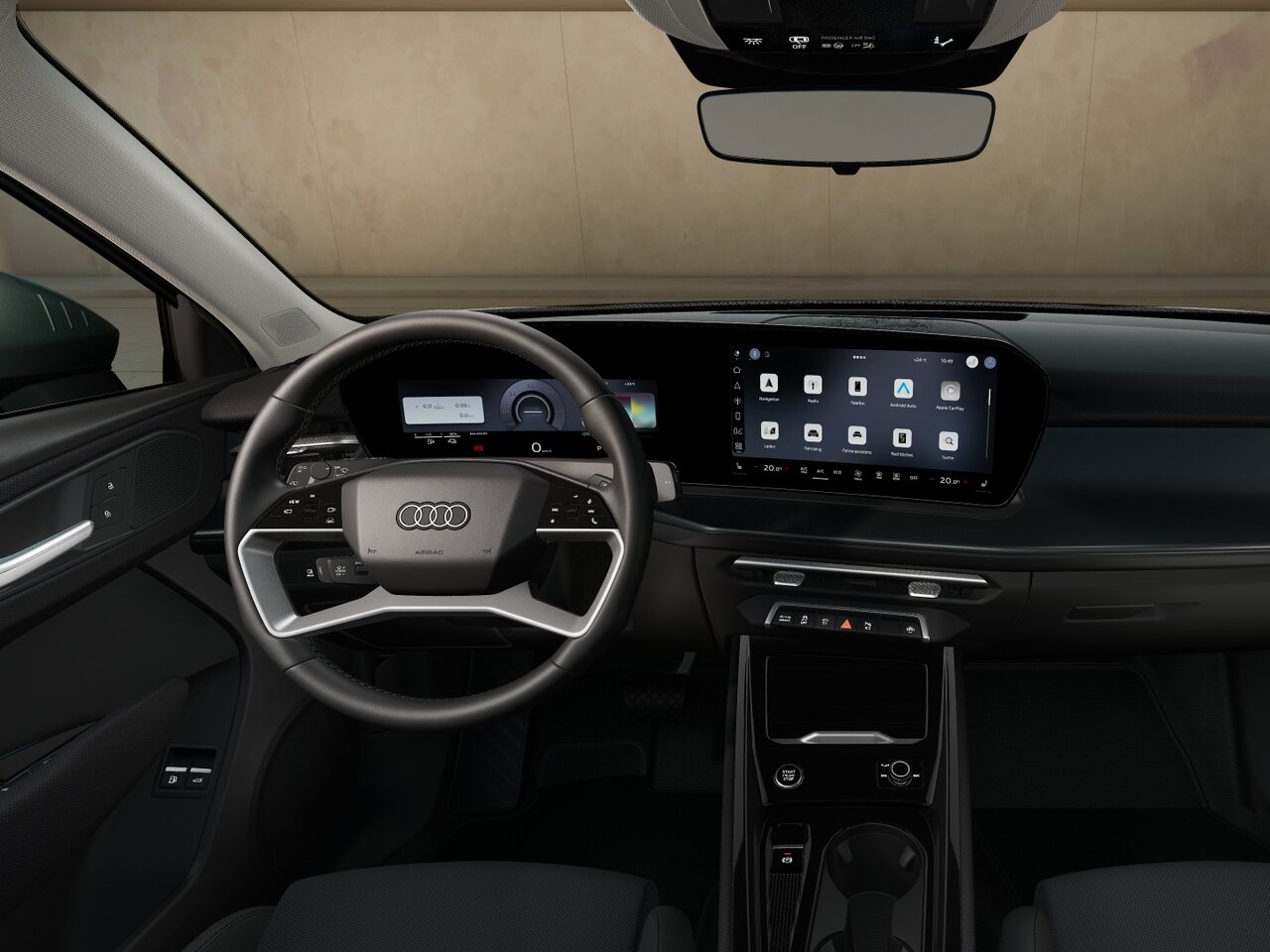 Cockpit des Audi Q3 Sportback mit digitalem Kombiinstrument, zentralem Touchdisplay und Blick auf Armaturenbrett sowie Mittelkonsole
