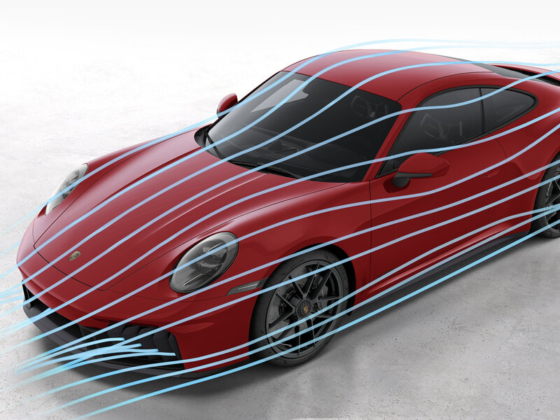 Roter Porsche 911 in der Draufsicht mit grafisch dargestellten Luftstromlinien zur Visualisierung der optimierten Aerodynamik.