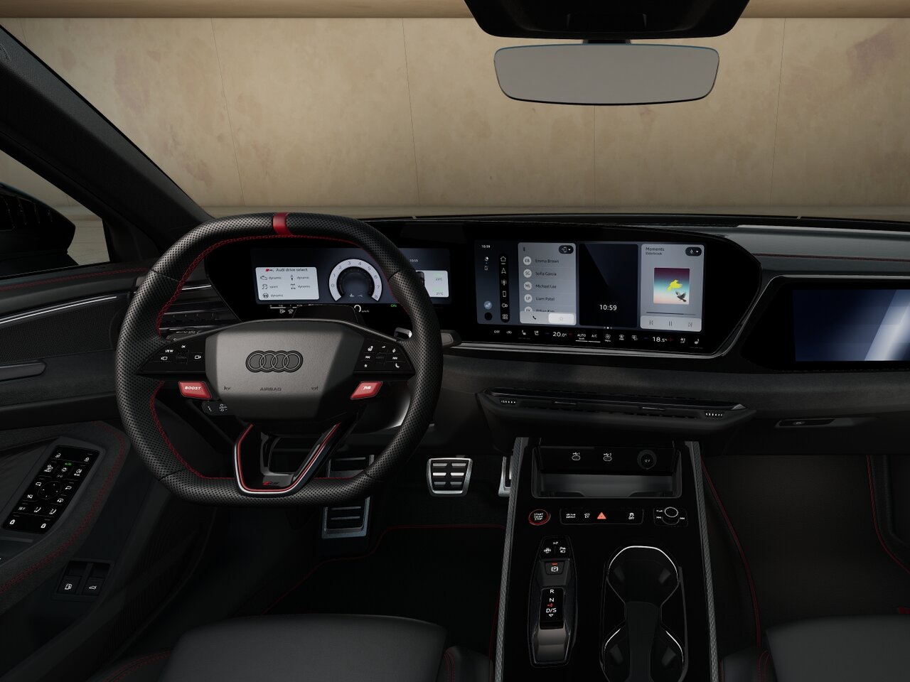 Cockpit der Audi RS5 Limousine mit Display, RS-Multifunktionslenkrad, digitalem Kombiinstrument und Mittelkonsole in Frontansicht