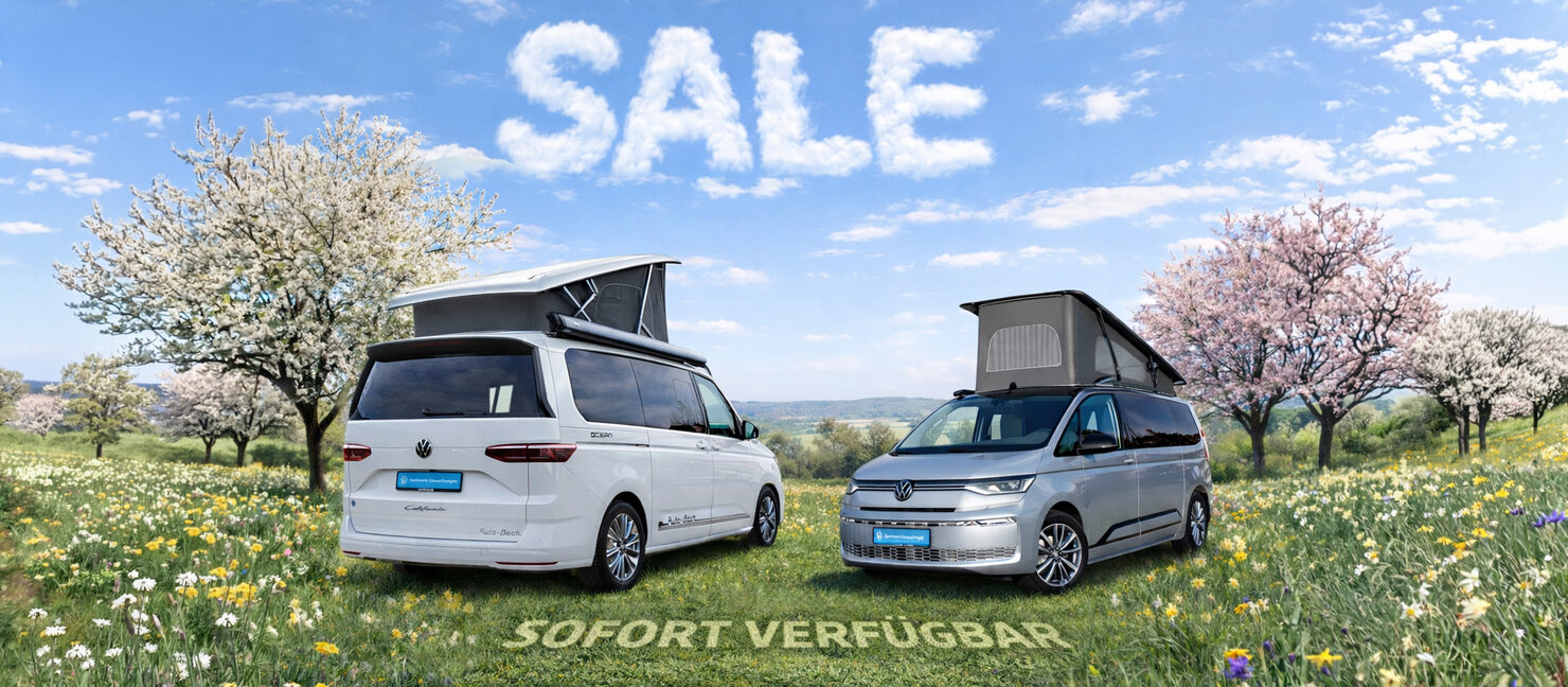 Zwei Volkswagen California mit aufgestelltem Aufstelldach stehen auf einer blühenden Frühlingswiese mit Bäumen unter blauem Himmel mit Schriftzug SALE in den Wolken