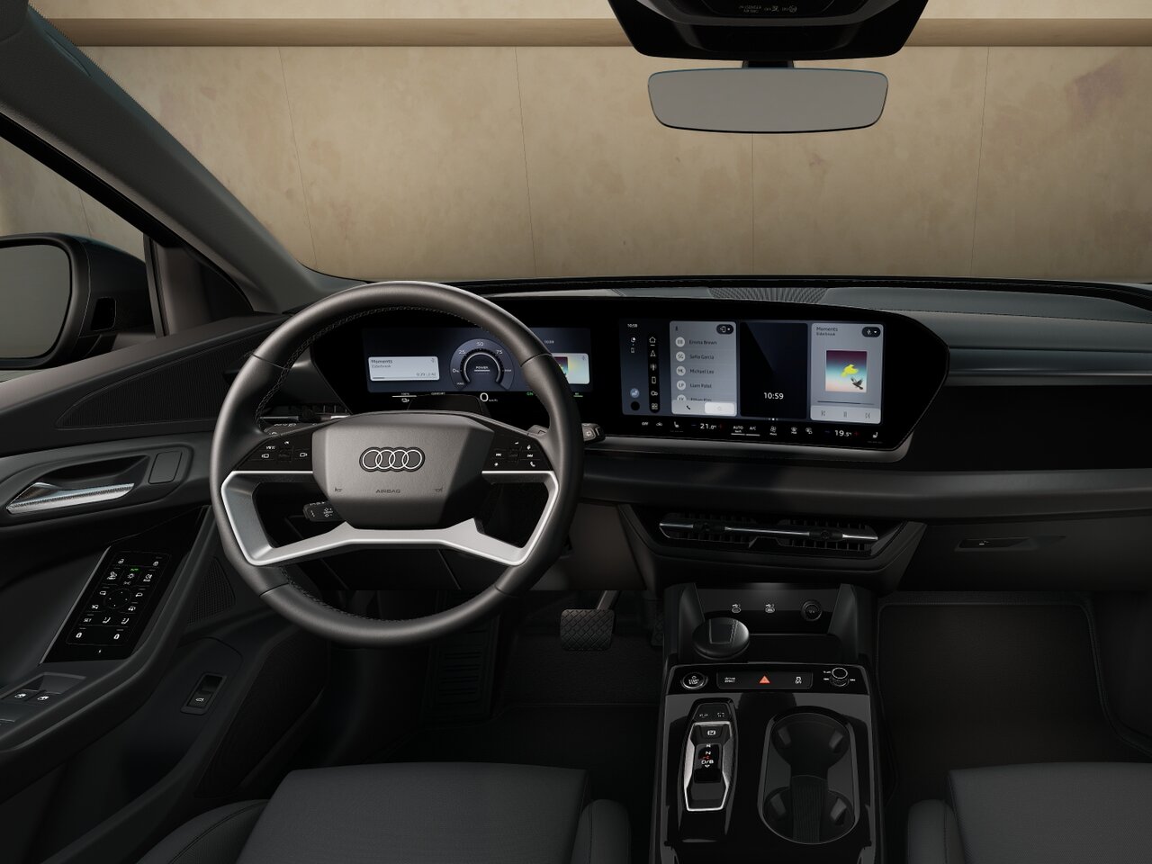 Cockpit des Audi Q6 e-tron mit Panoramadisplay, Multifunktionslenkrad, digitalem Kombiinstrument und Mittelkonsole in Frontansicht