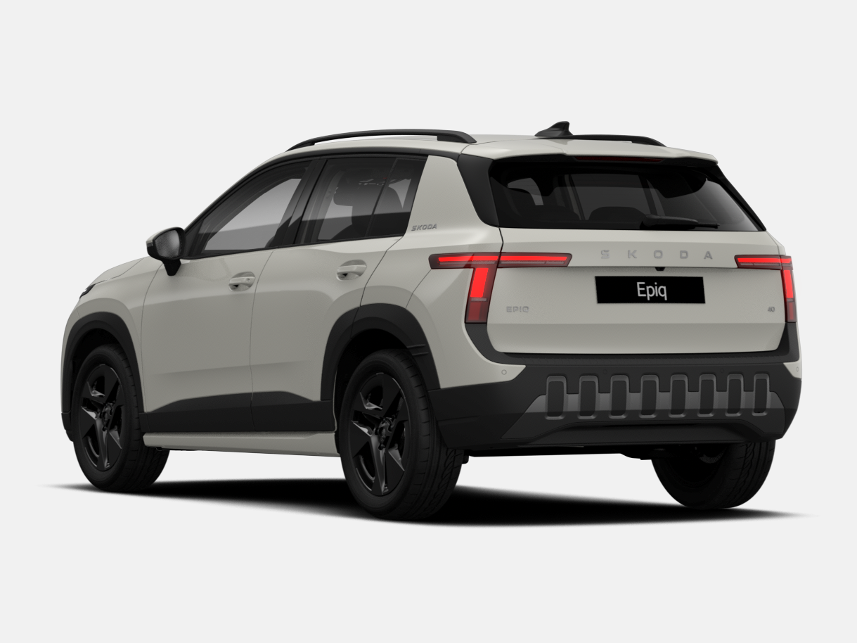 Škoda Epiq in Marble-Grau aus Heckperspektive freigestellt vor hellem Hintergrund