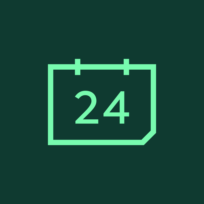 Grünes Kalendersymbol mit der Zahl 24 auf dunkelgrünem Hintergrund