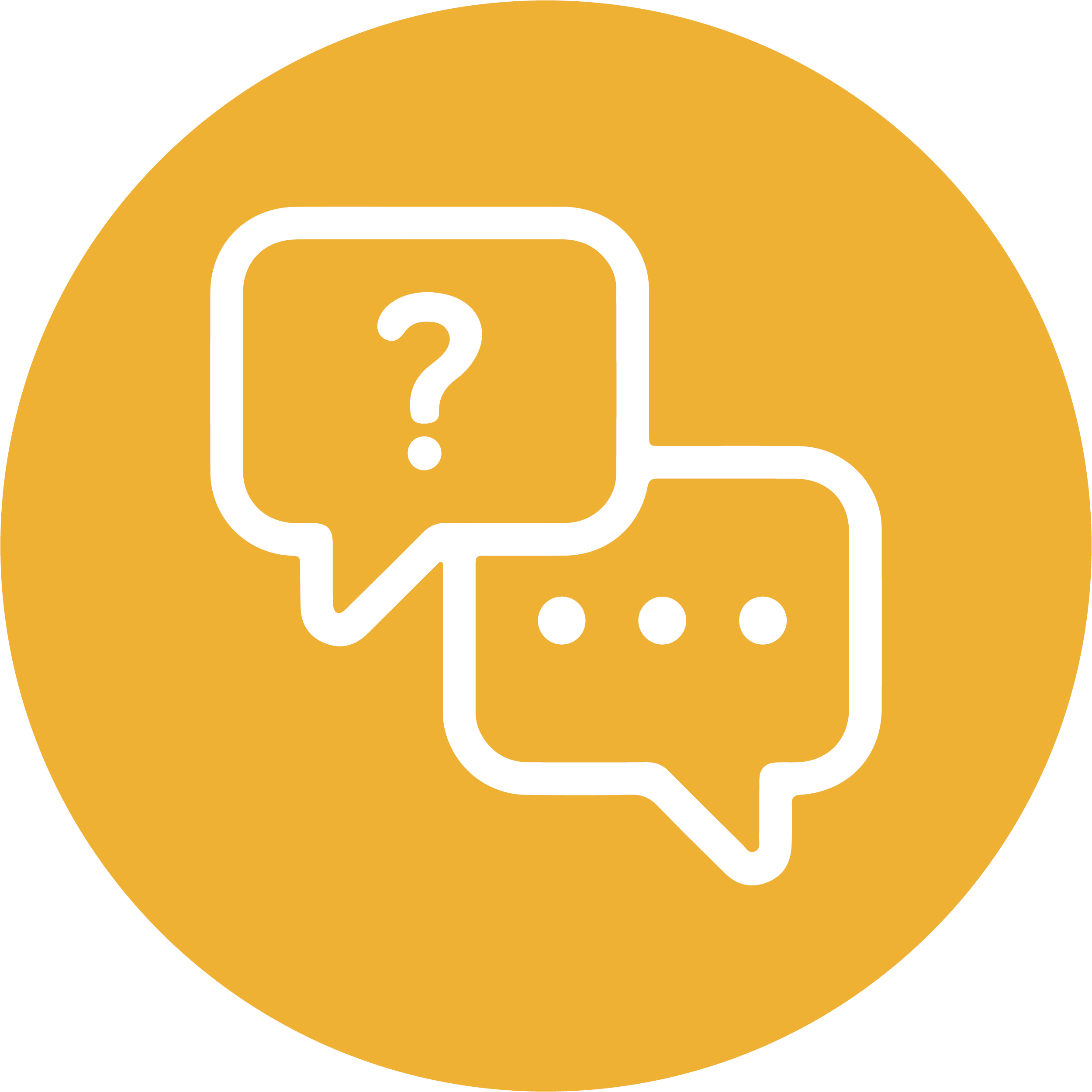 Icon mit Sprechblasen und Fragezeichen steht für anonyme Mitarbeiterbefragungen und aktive Mitgestaltung.